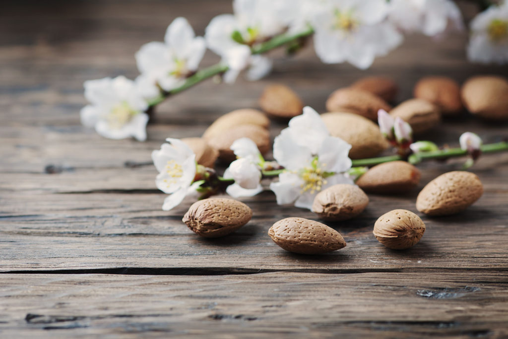 Fresh almond and flowers on the wooden table, selective focus