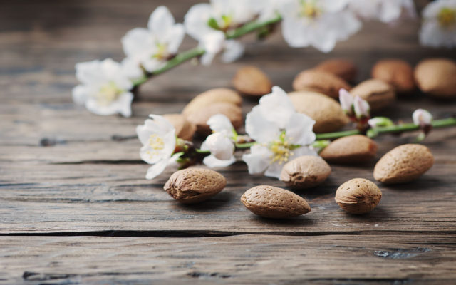 Fresh almond and flowers on the wooden table, selective focus
